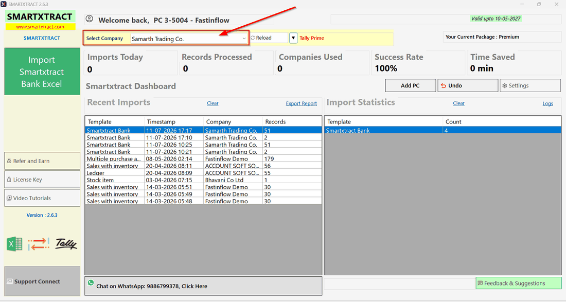 SmartXtract dashboard with the Select Company dropdown highlighted, connected to Tally
