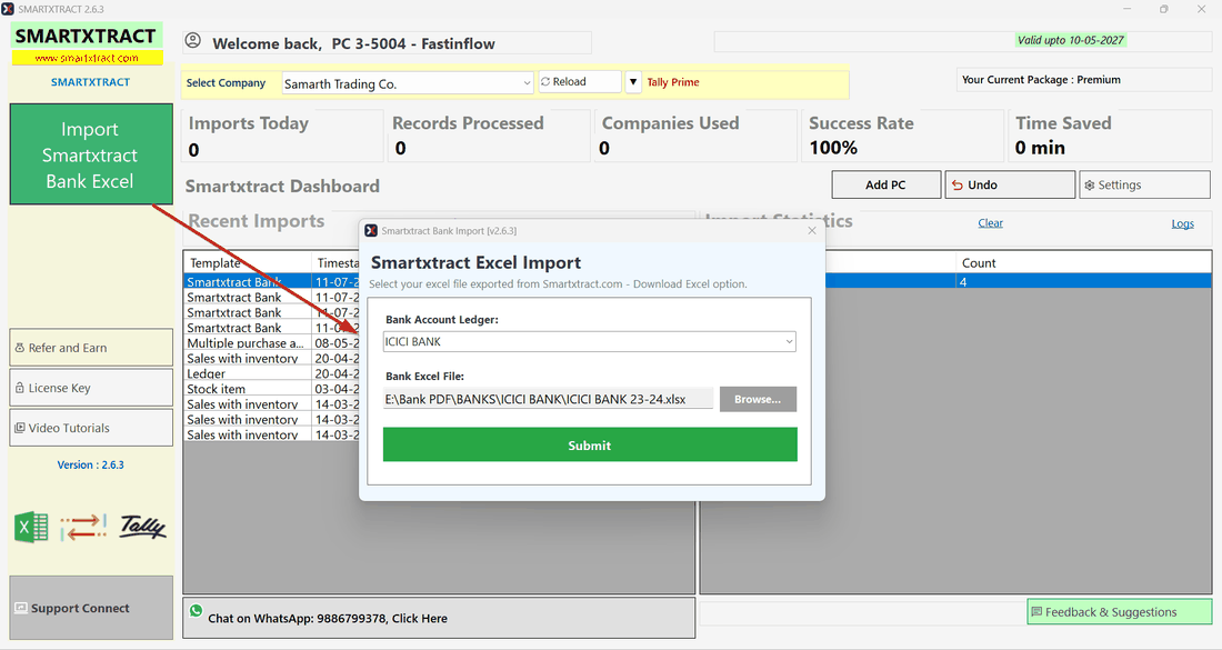 SmartXtract Excel Import dialog — selecting the bank account ledger and the bank Excel file, ready to submit