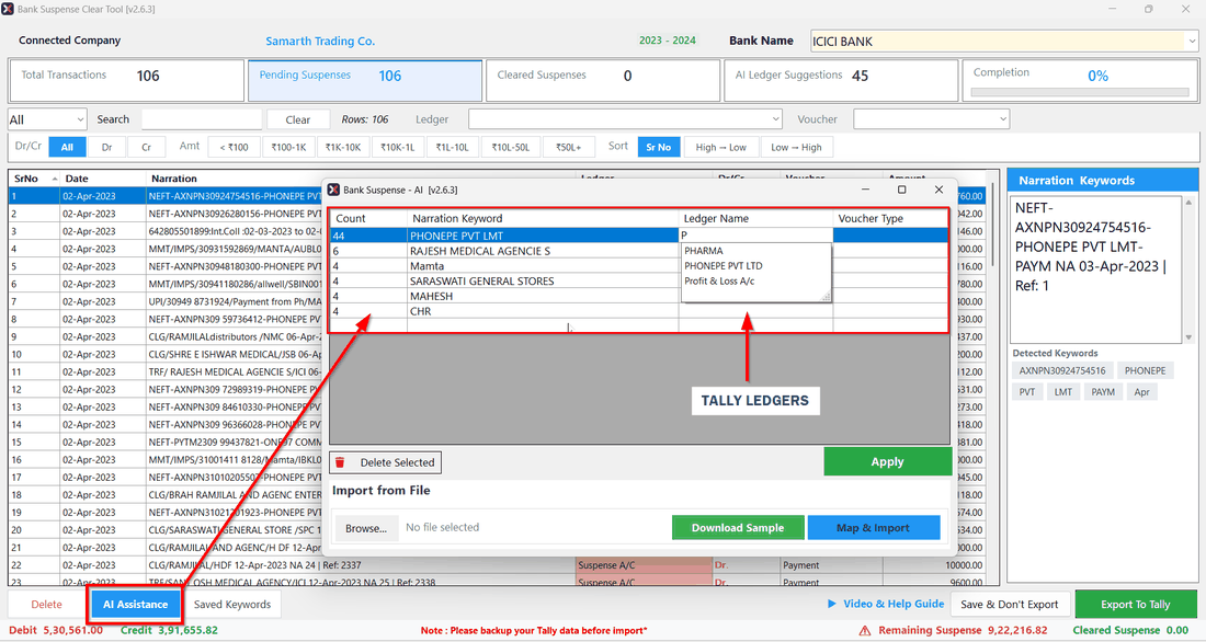 Bank Suspense Clear Tool with AI Assistance suggesting Tally ledgers for narration keywords
