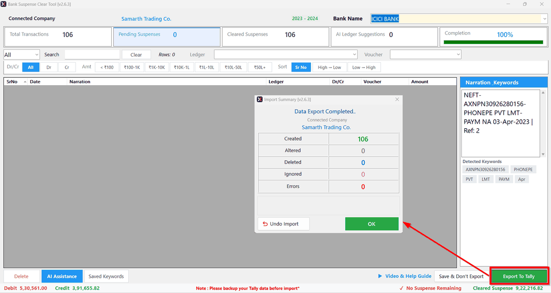 SmartXtract import summary showing 106 vouchers created and exported to Tally with 100% completion