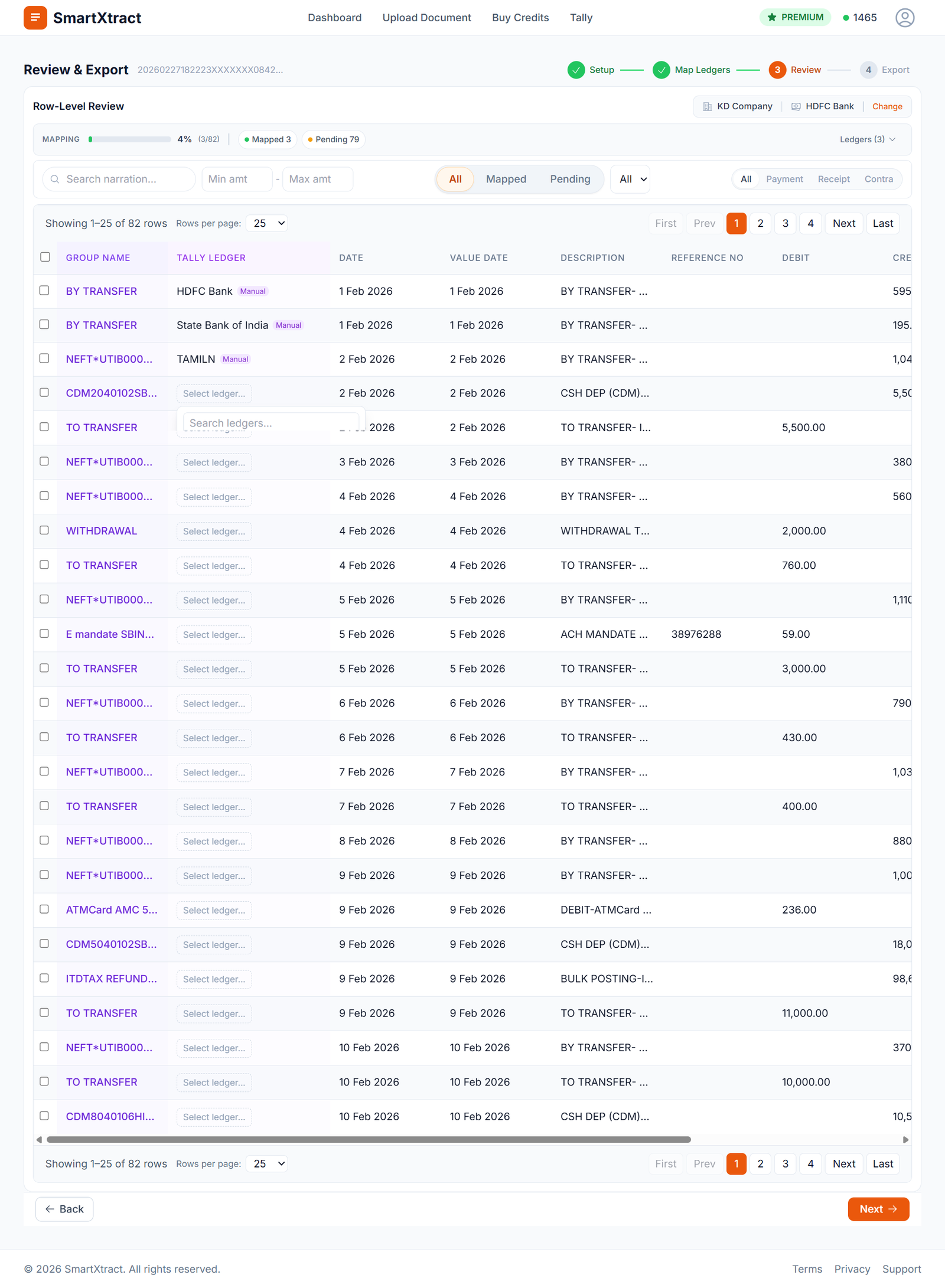 SmartXtract row-level review screen showing bank transactions mapped to Tally ledgers
