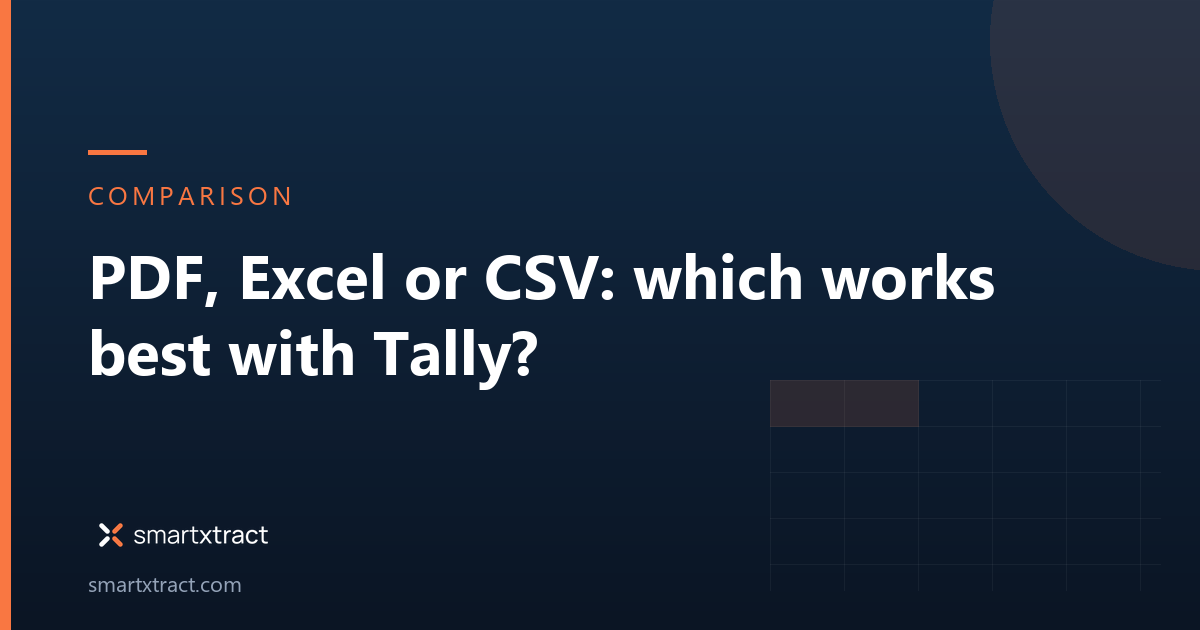 SmartXtract article graphic comparing PDF, Excel and CSV bank statement formats for Tally